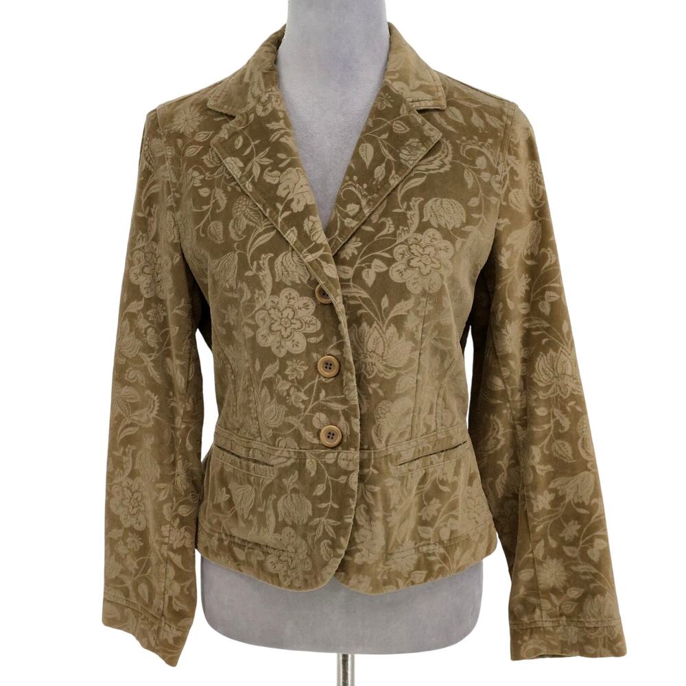 Talbots Jacket Petites 8P Green Cotton Velour Floral Blazer Pockets Vintage